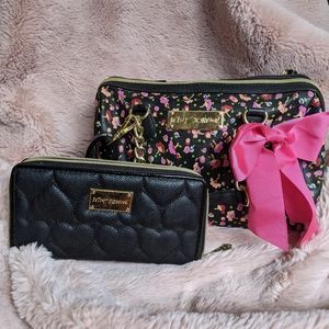 Betsey Johnson black floral bag with wallet